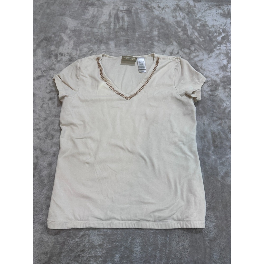 Liz Claiborne Lizwear Women's Small Beige V-Neck T-Shirt Wood Bead Trim Top